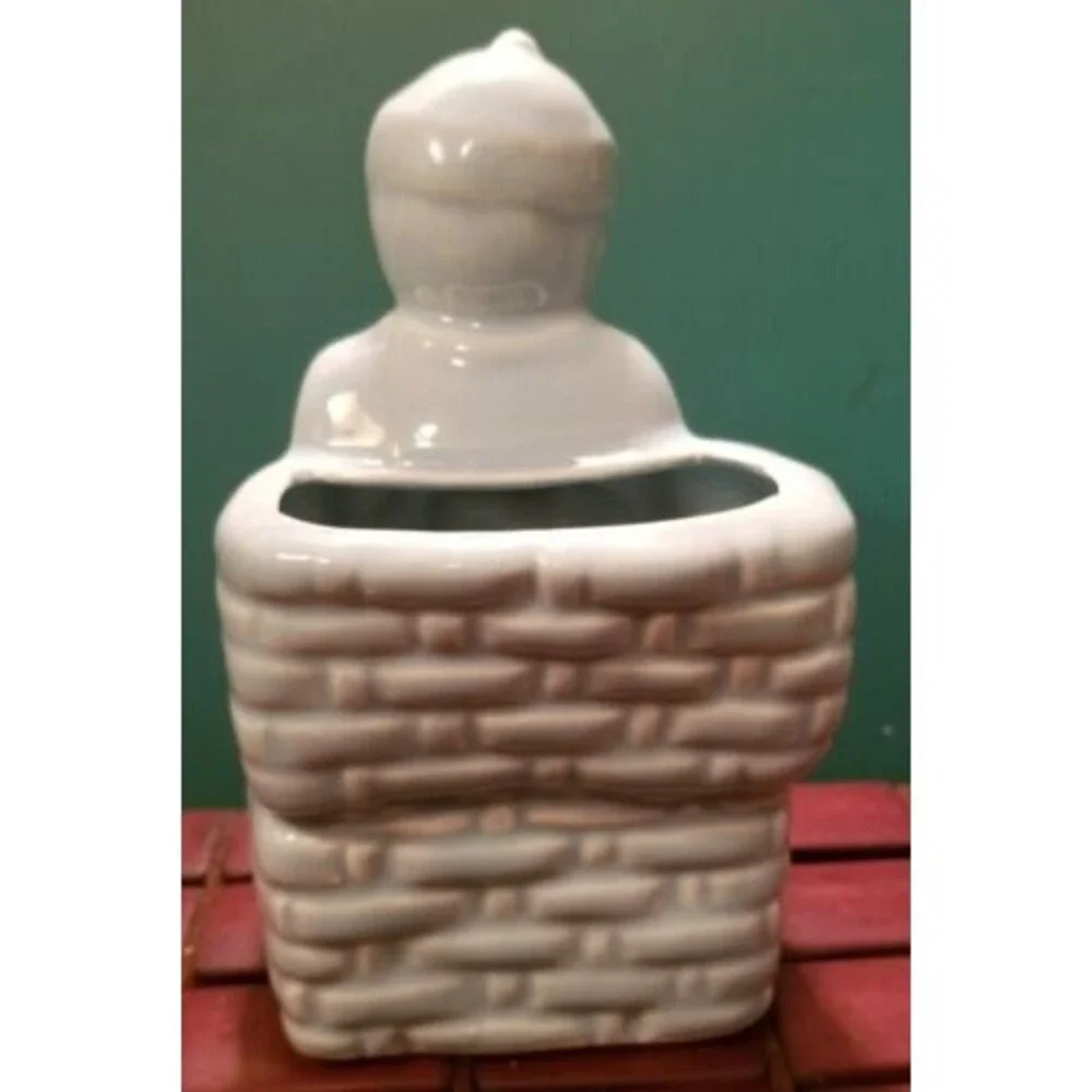 Vintage 1950s Blue Ceramic Vase Planter Chinese Monk In Traditional Costume